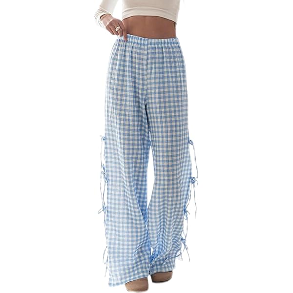 MBZJSDKHLK Women Y2K Gingham Pants High Elastic Waist Bow Tie Side